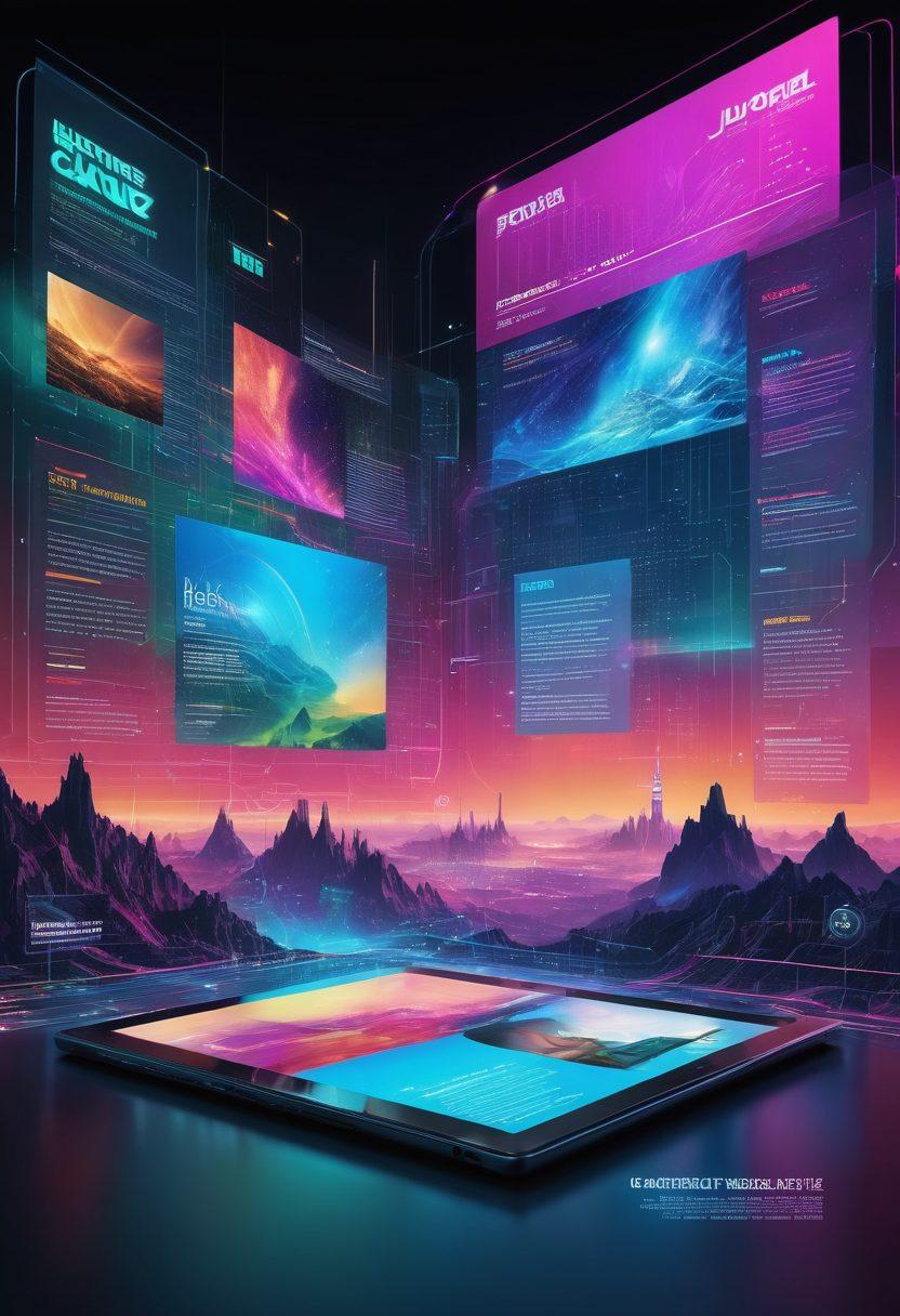 An abstract representation of a digital landscape, showcasing a futuristic magazine interface with various articles floating around like holograms. Include vibrant colors that convey creativity and innovation, with a prominent Y-axis graph symbolizing navigation through digital content. Add a user interacting with the digital content, with elements of technology like tablets and screens in the background. super-realistic. vibrant colors. cyberpunk.