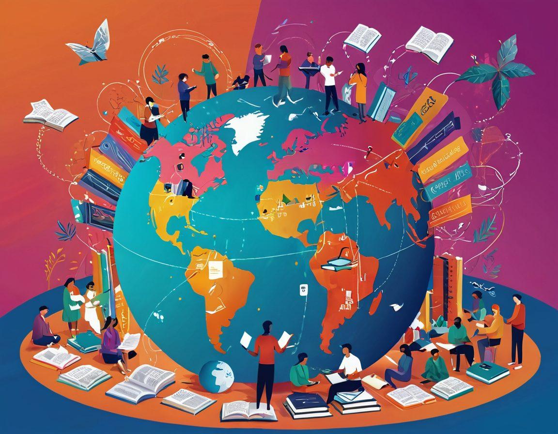 A vibrant digital landscape filled with diverse people engaging in discussions, surrounded by floating books and articles representing various topics. A large globe with interconnected threads symbolizes the global nature of the blogosphere. Bright colors and a sense of community spirit emanate from the scene. digital illustration. vibrant colors. modern style.