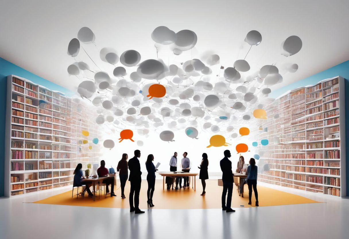 A bustling digital marketplace filled with diverse people passionately discussing ideas, surrounded by floating speech bubbles containing snippets of knowledge and insights. In the background, towering books symbolize a vast knowledge base, while a bright light signifies enlightenment and engagement. The scene is vibrant and lively, reflecting a sense of community and thought leadership. super-realistic. vibrant colors. white background.